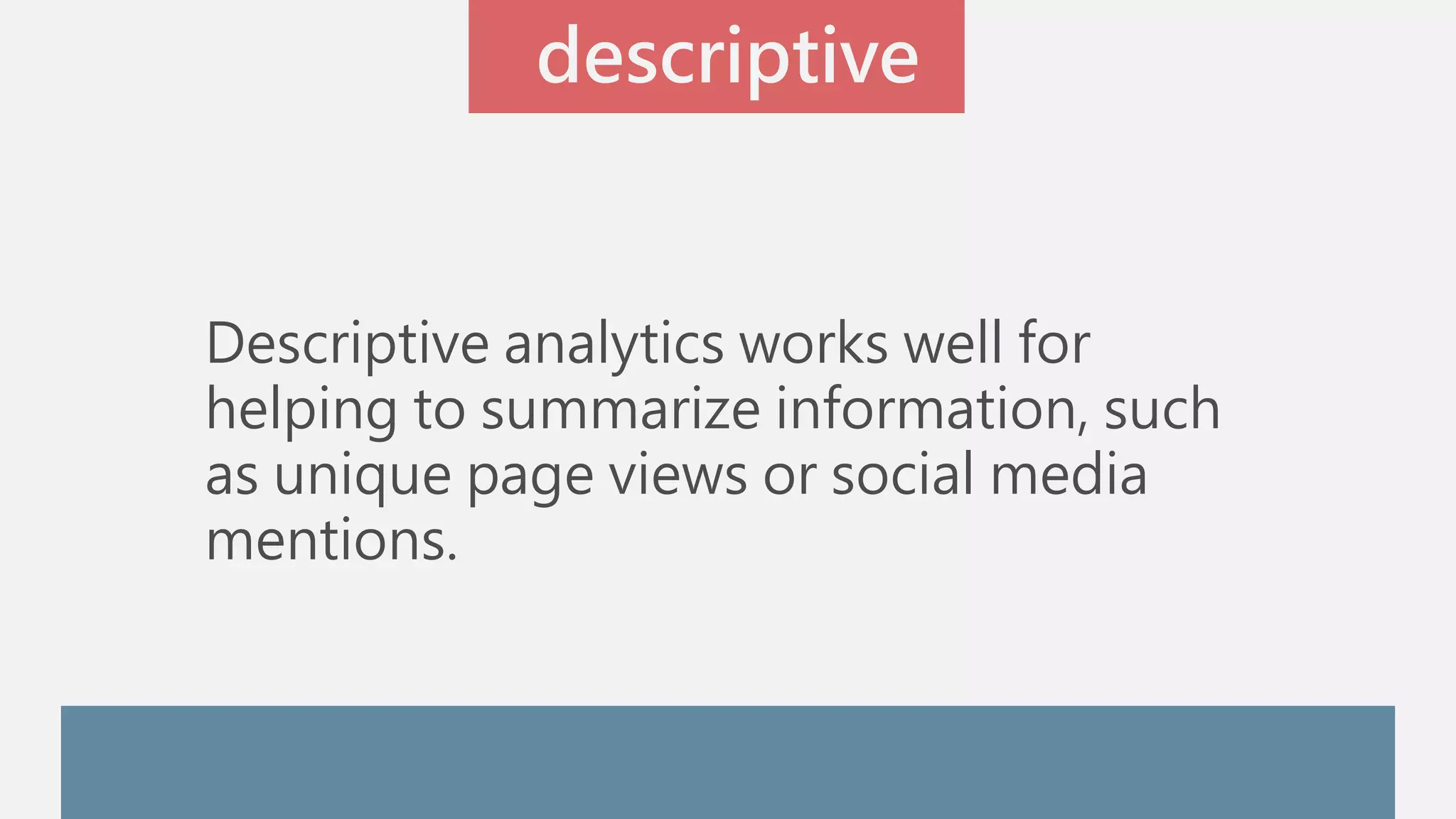 descriptive 
Descriptive analytics works well for 
helping to summarize information, such 
as unique page views or social media 
mentions. 
 