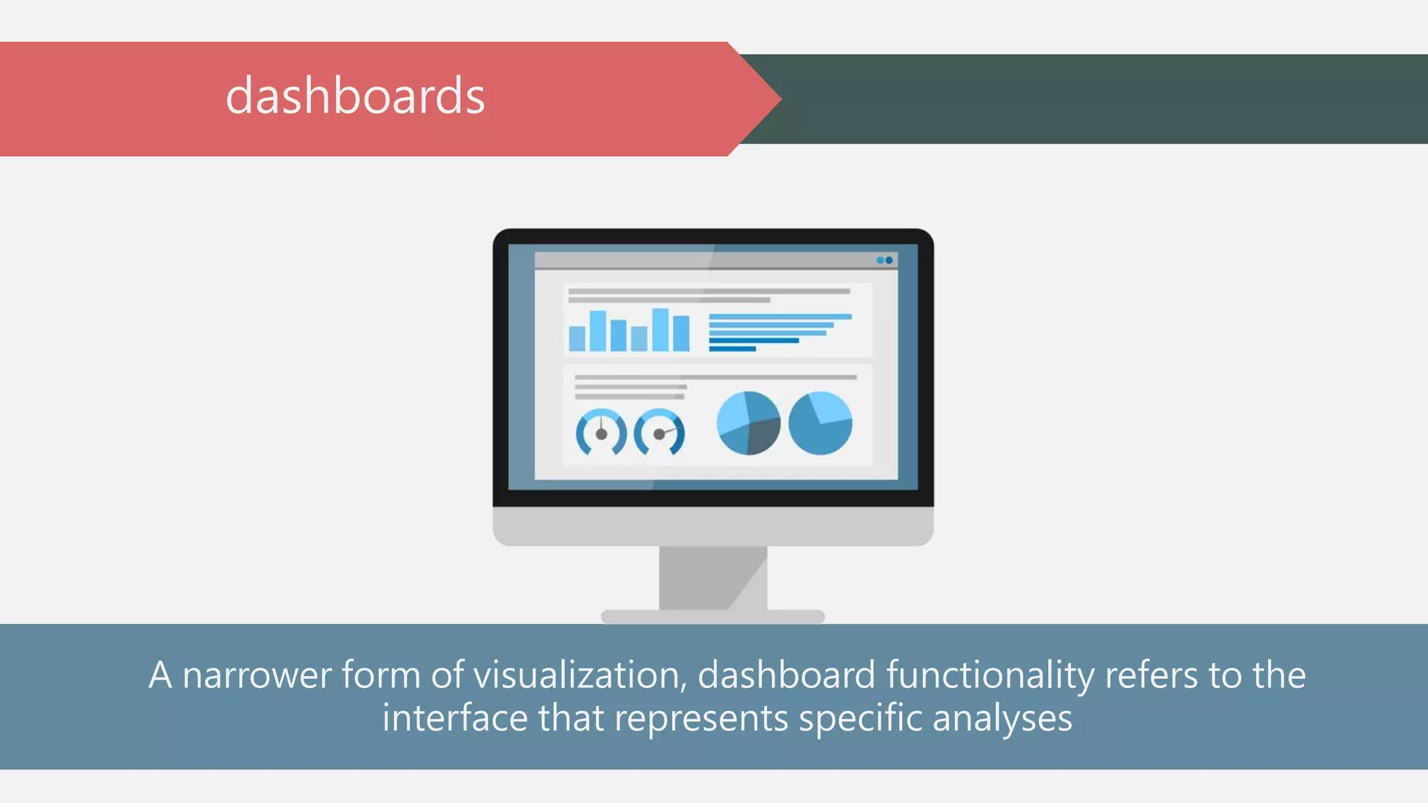 dashboards 
A narrower form of visualization, dashboard functionality refers to the 
interface that represents specific analyses 
 