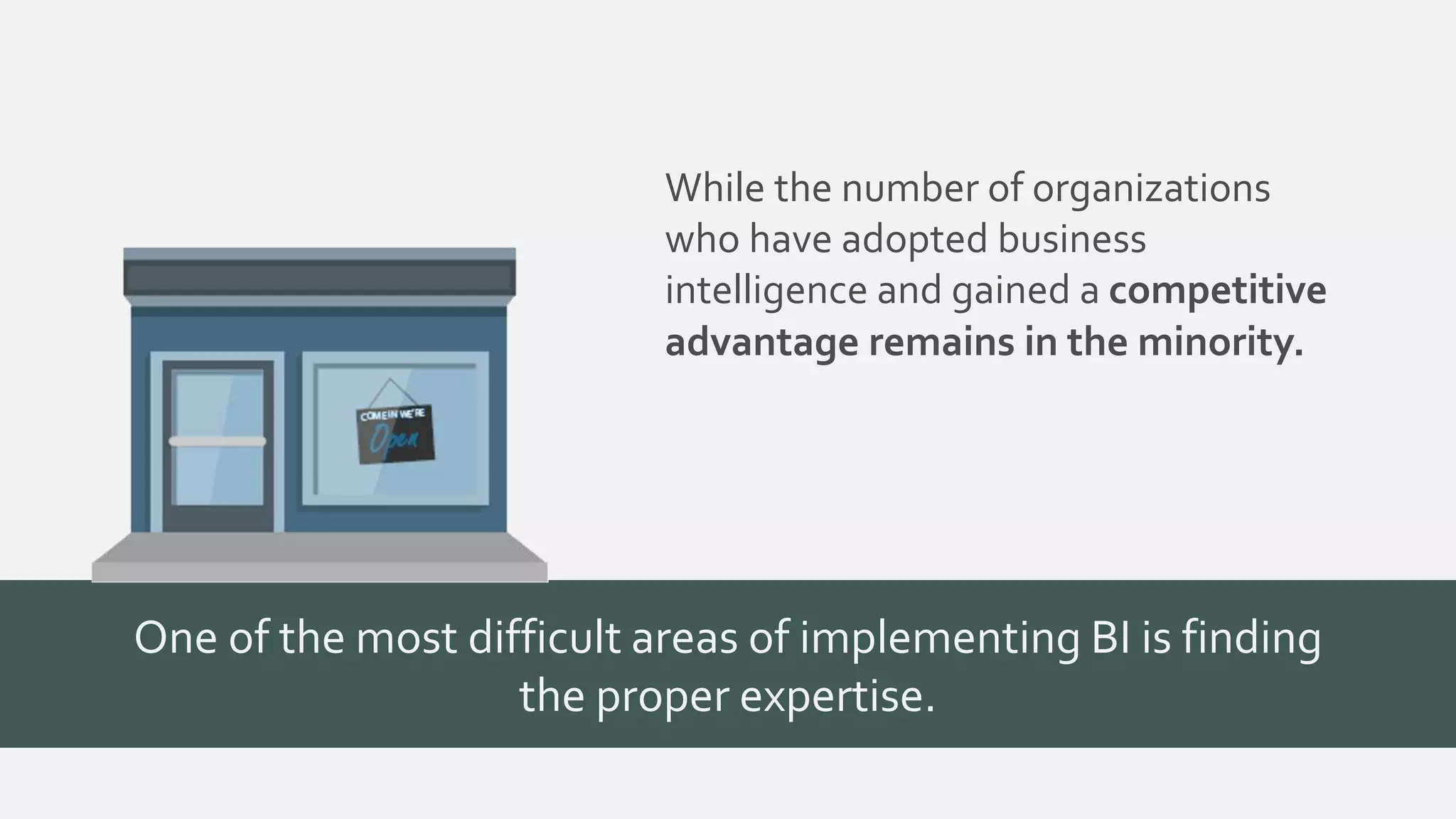 While the number of organizations 
who have adopted business 
intelligence and gained a competitive 
advantage remains in the minority. 
One of the most difficult areas of implementing BI is finding 
the proper expertise. 
 