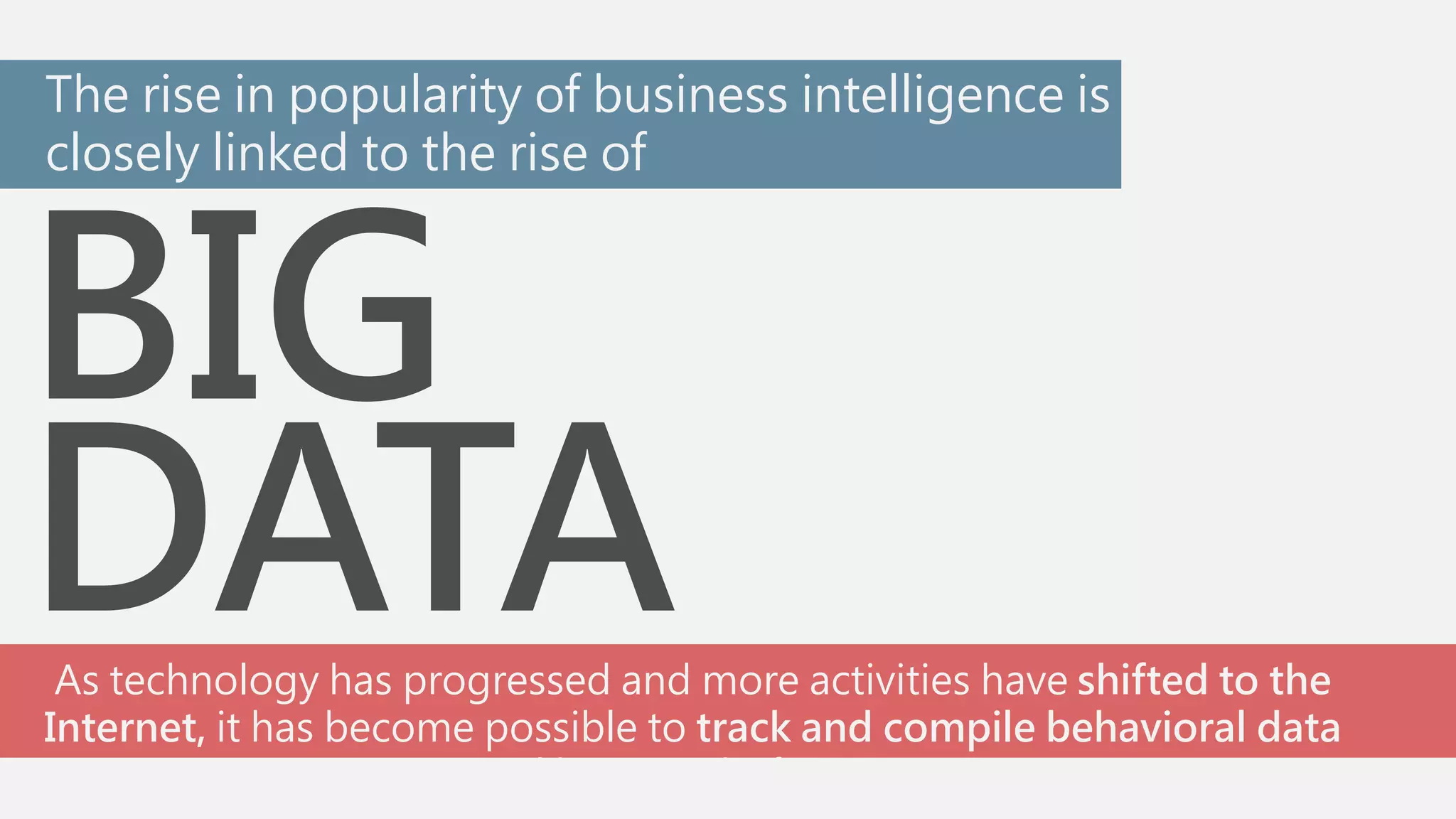 The rise in popularity of business intelligence is 
closely linked to the rise of 
BIG 
DATA 
As technology has progressed and more activities have shifted to the 
Internet, it has become possible to track and compile behavioral data 
like never before. 
 