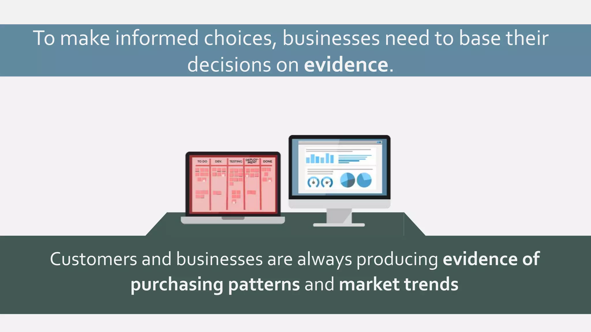 To make informed choices, businesses need to base their 
decisions on evidence. 
Customers and businesses are always producing evidence of 
purchasing patterns and market trends 
 