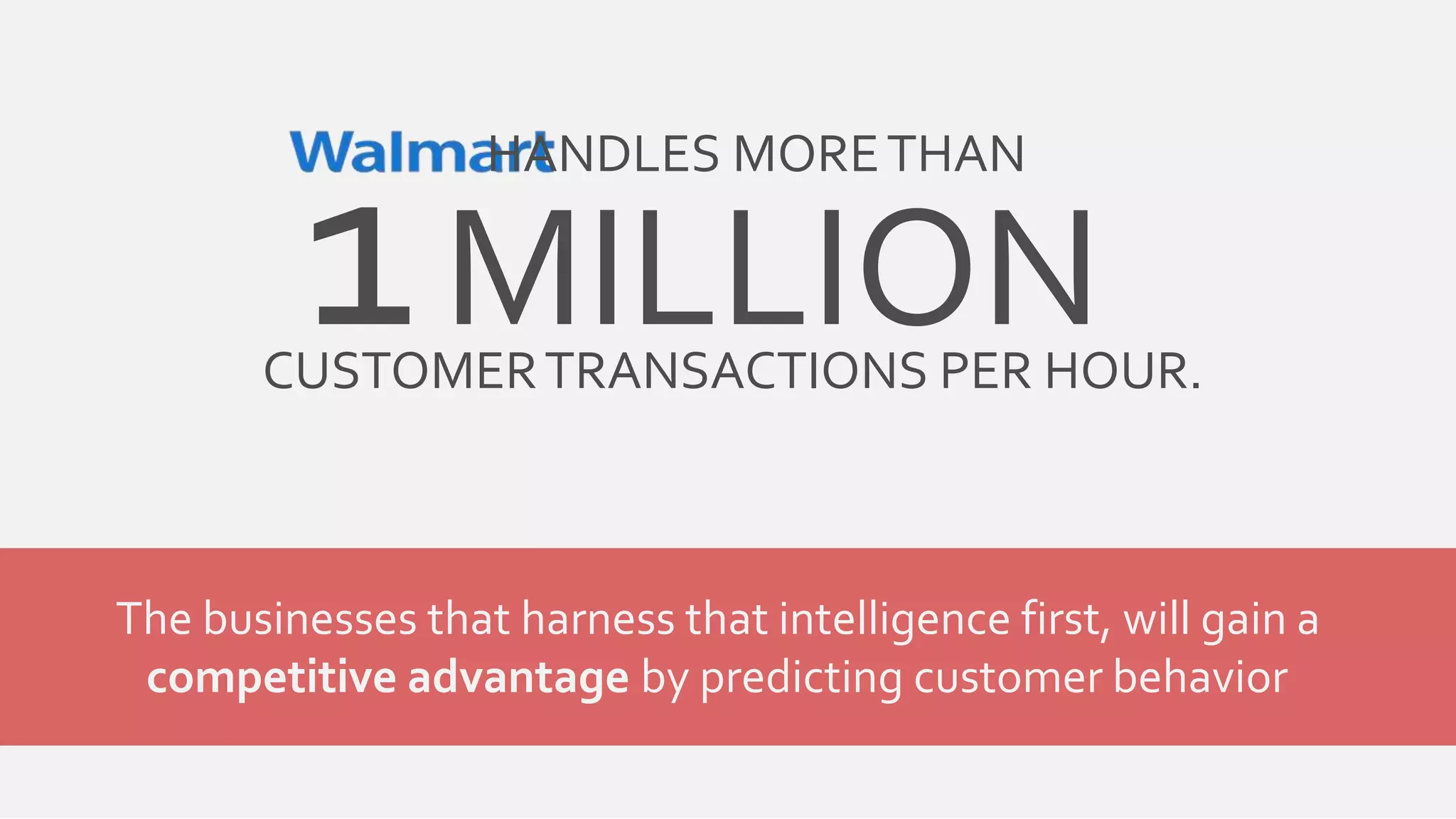 HANDLES MORE THAN 
1MILLION 
CUSTOMER TRANSACTIONS PER HOUR. 
The businesses that harness that intelligence first, will gain a 
competitive advantage by predicting customer behavior 
 