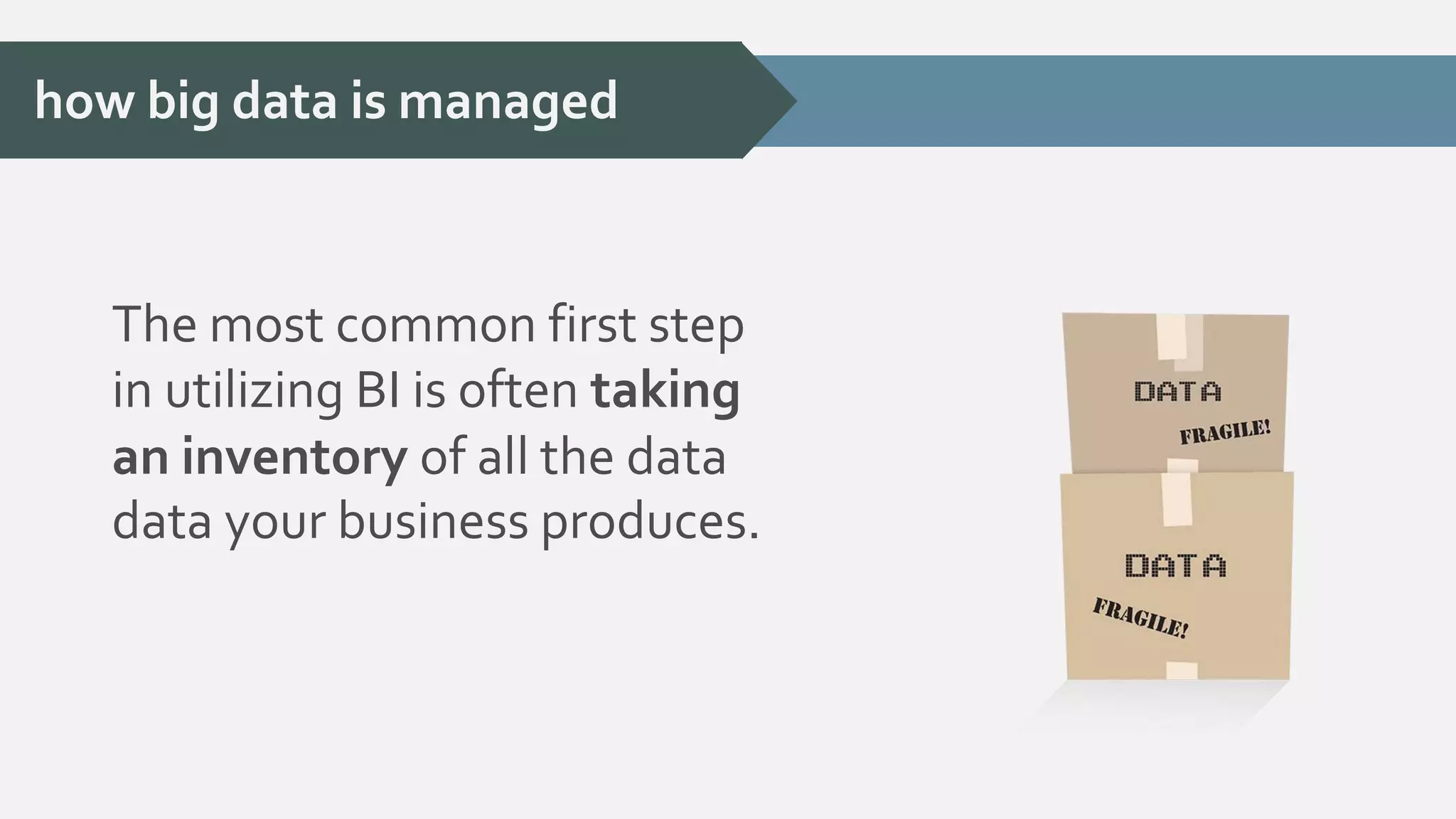 how big data is managed 
The most common first step 
in utilizing BI is often taking 
an inventory of all the data 
data your business produces. 
 