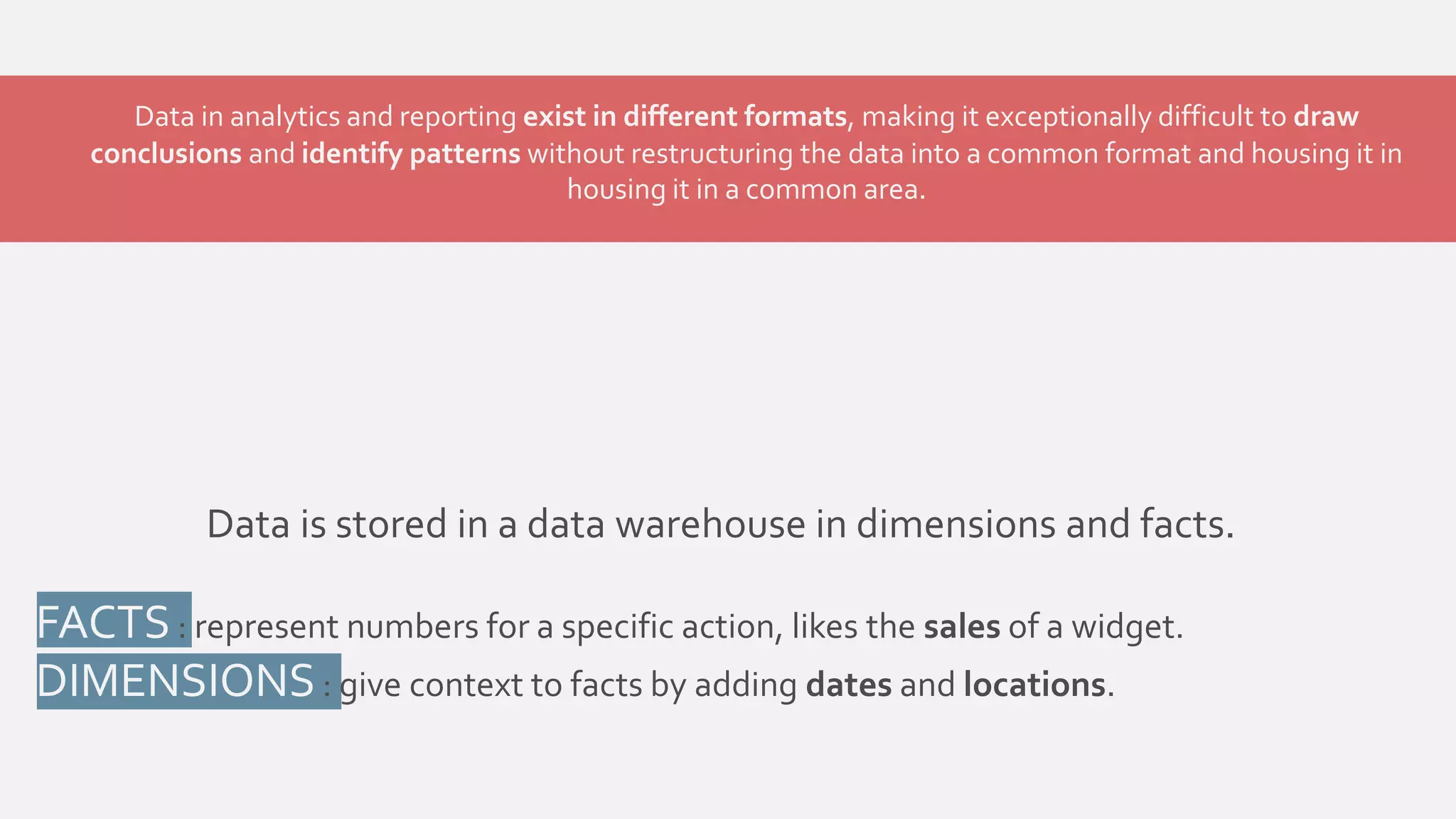 Data in analytics and reporting exist in different formats, making it exceptionally difficult to draw 
conclusions and identify patterns without restructuring the data into a common format and housing it in 
housing it in a common area. 
Data is stored in a data warehouse in dimensions and facts. 
FACTS : represent numbers for a specific action, likes the sales of a widget. 
DIMENSIONS: give context to facts by adding dates and locations. 
 