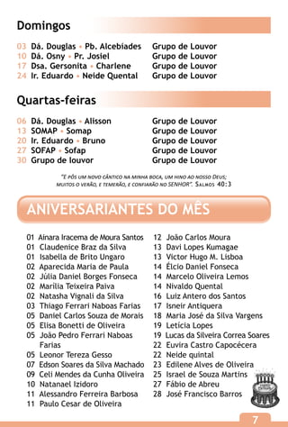 Domingos
03	 Dá. Douglas • Pb. Alcebíades	               Grupo de Louvor
10	 Dá. Osny • Pr. Josiel		                     Grupo de Louvor
17	 Dsa. Gersonita • Charlene	                  Grupo de Louvor
24	 Ir. Eduardo • Neide Quental	                Grupo de Louvor


Quartas-feiras
06	 Dá. Douglas • Alisson		                     Grupo de Louvor
13	SOMAP • Somap			                             Grupo de Louvor
20	 Ir. Eduardo • Bruno		                       Grupo de Louvor
27	SOFAP • Sofap			                             Grupo de Louvor
30	 Grupo de louvor			                          Grupo de Louvor
             “E pôs um novo cântico na minha boca, um hino ao nosso Deus;
            muitos o verão, e temerão, e confiarão no SENHOR”. S a l m o s 40:3



  ANIVERSARIANTES DO MÊS
  01   A
        inara Iracema de Moura Santos           12   João Carlos Moura
  01    Claudenice Braz da Silva                 13   Davi Lopes Kumagae
  01    Isabella de Brito Ungaro                 13   Victor Hugo M. Lisboa
  02   Aparecida Maria de Paula                  14   Élcio Daniel Fonseca
  02    Júlia Daniel Borges Fonseca              14   Marcelo Oliveira Lemos
  02    Marília Teixeira Paiva                   14   Nivaldo Quental
  02    Natasha Vignali da Silva                 16   Luiz Antero dos Santos
  03    Thiago Ferrari Naboas Farias             17   Isneir Antiquera
  05    Daniel Carlos Souza de Morais            18   Maria José da Silva Vargens
  05    Elisa Bonetti de Oliveira                19   Letícia Lopes
  05     oão Pedro Ferrari Naboas
        J                                        19   Lucas da Silveira Correa Soares
        Farias                                   22   Euvira Castro Capocécera
  05    Leonor Tereza Gesso                      22   Neide quintal
  07   Edson Soares da Silva Machado             23   Edilene Alves de Oliveira
  09   Celi Mendes da Cunha Oliveira             25   Israel de Souza Martins
  10    Natanael Izidoro                         27   Fábio de Abreu
  11   Alessandro Ferreira Barbosa               28   José Francisco Barros
  11    Paulo Cesar de Oliveira

                                                                                  7
 