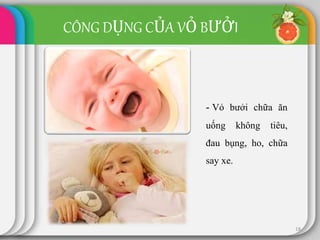 18
- Vỏ bưởi chữa ăn
uống không tiêu,
đau bụng, ho, chữa
say xe.
CÔNG DỤNG CỦA VỎ BƯỞI
 