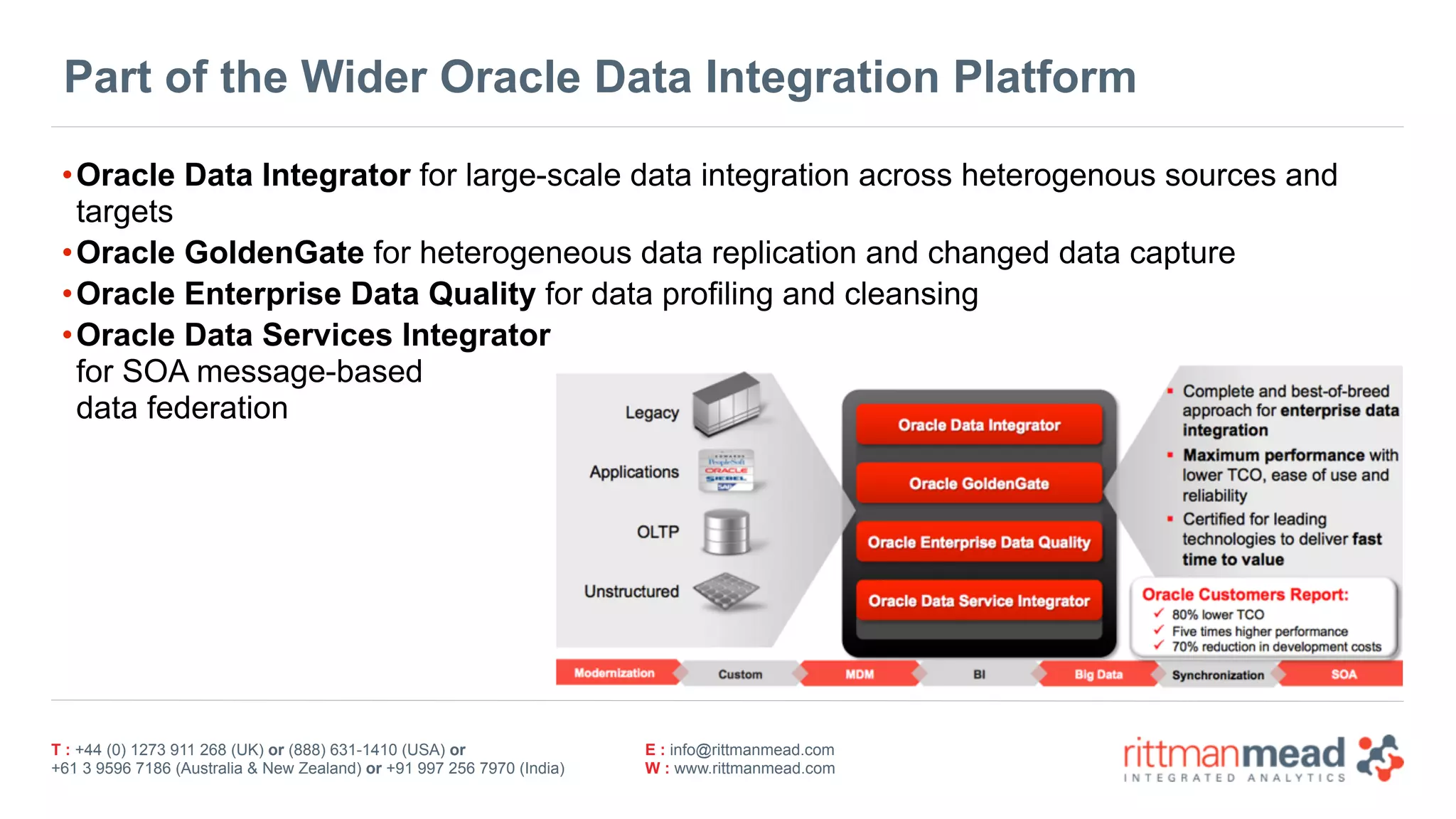 T : +44 (0) 1273 911 268 (UK) or (888) 631-1410 (USA) or  
+61 3 9596 7186 (Australia & New Zealand) or +91 997 256 7970 (India)
E : info@rittmanmead.com
W : www.rittmanmead.com
Part of the Wider Oracle Data Integration Platform
•Oracle Data Integrator for large-scale data integration across heterogenous sources and
targets
•Oracle GoldenGate for heterogeneous data replication and changed data capture
•Oracle Enterprise Data Quality for data profiling and cleansing
•Oracle Data Services Integrator 
for SOA message-based 
data federation
 
