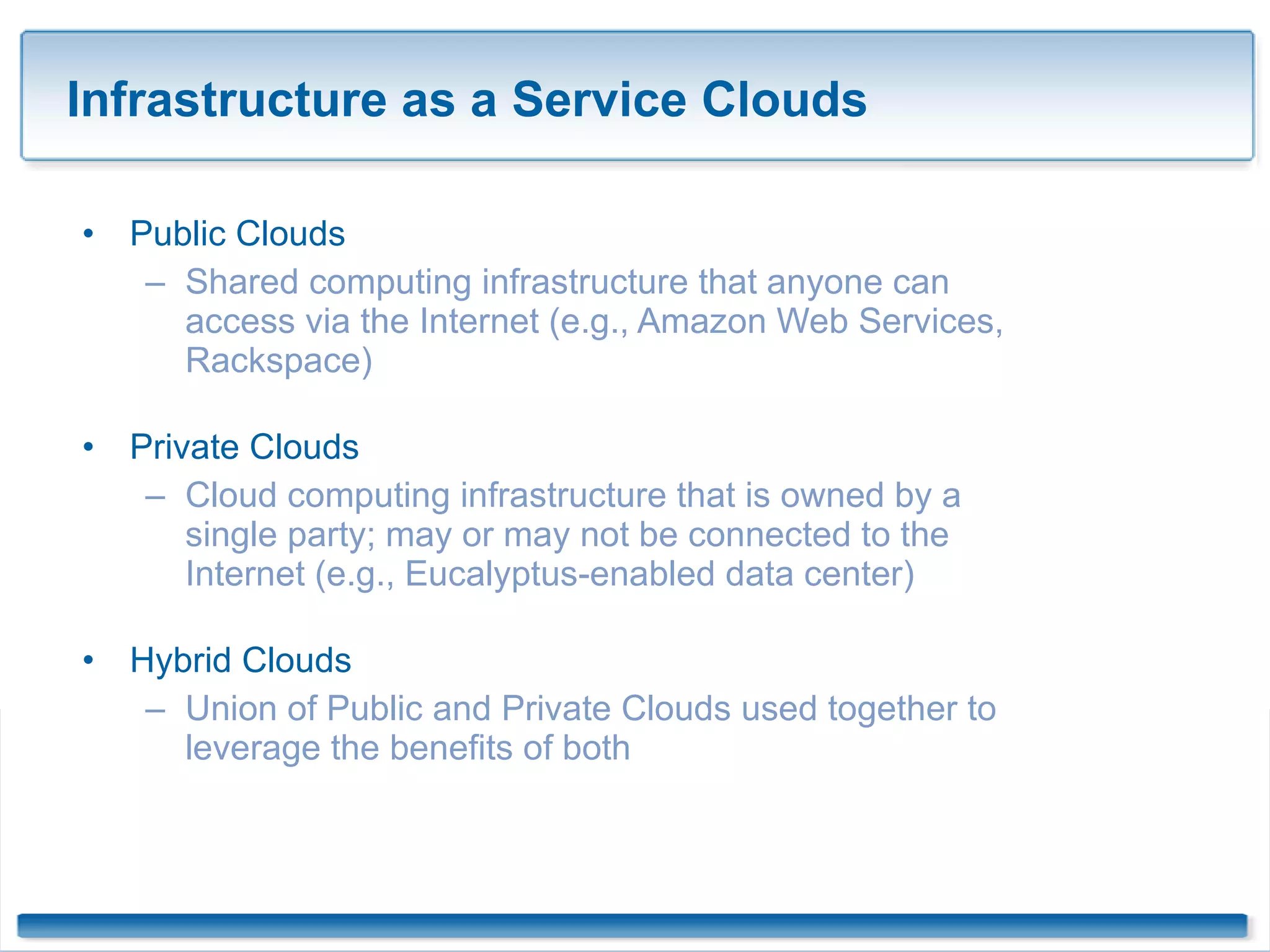Public Clouds Shared computing infrastructure that anyone can access via the Internet (e.g., Amazon Web Services, Rackspace) Private Clouds Cloud computing infrastructure that is owned by a single party; may or may not be connected to the Internet (e.g., Eucalyptus-enabled data center) Hybrid Clouds Union of Public and Private Clouds used together to leverage the benefits of both Infrastructure as a Service Clouds 
