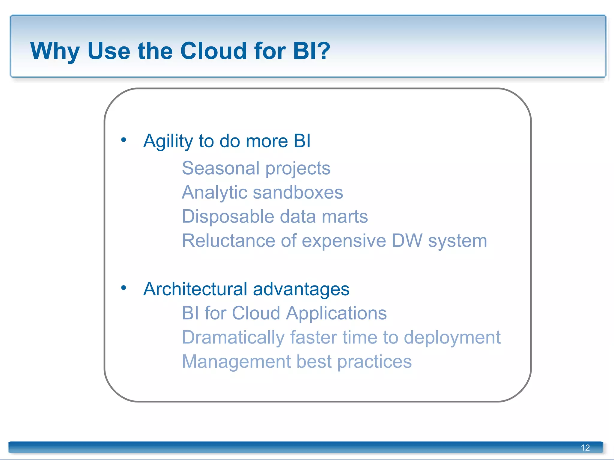 Why Use the Cloud for BI? Agility to do more BI  Seasonal projects Analytic sandboxes Disposable data marts Reluctance of expensive DW system Architectural advantages BI for Cloud Applications Dramatically faster time to deployment Management best practices ©2009  RightScale Inc., Talend, SA, Vertica Systems, Inc. Jaspersoft Corporation. Proprietary and Confidential 