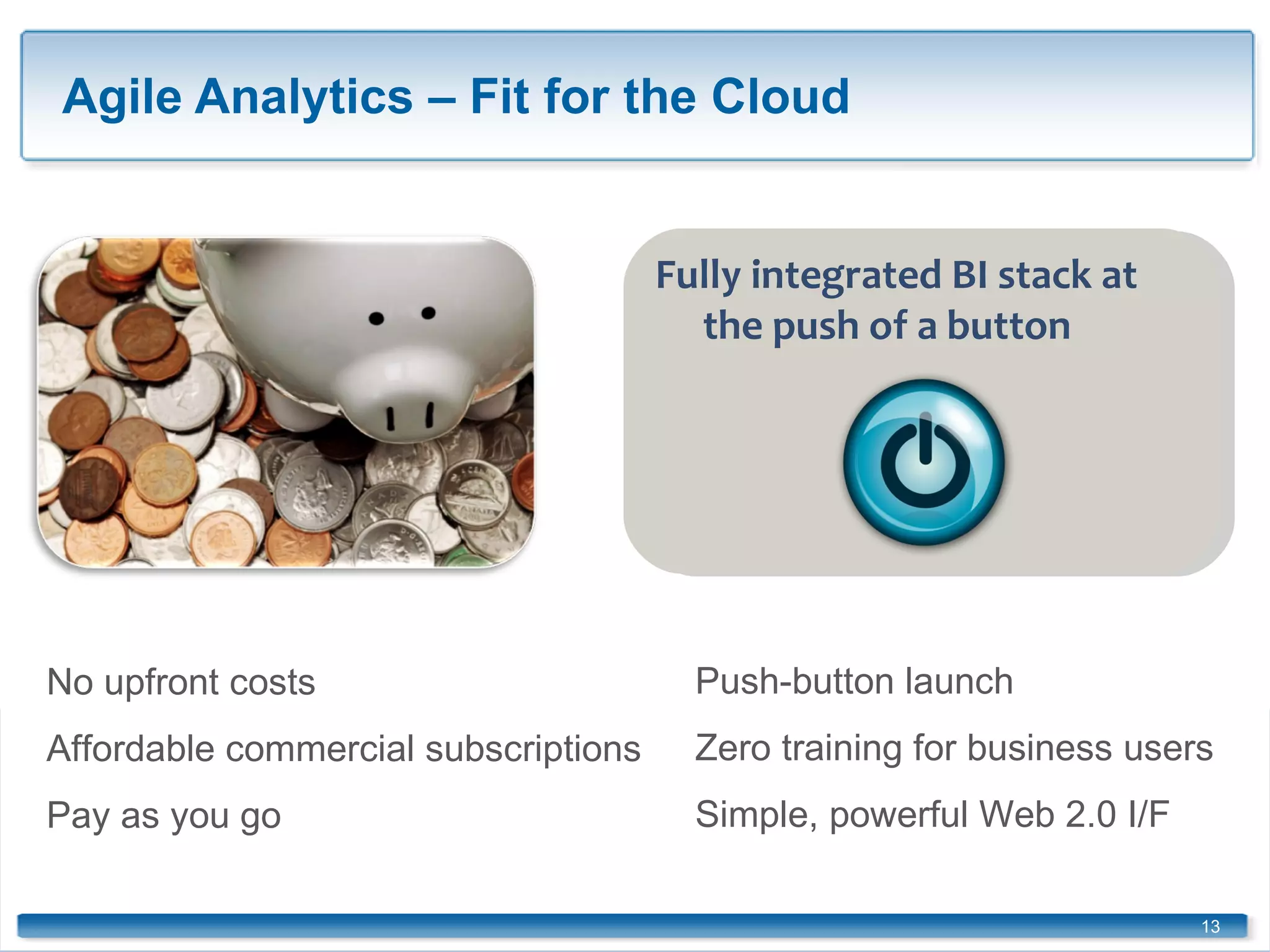 Agile Analytics – Fit for the Cloud  ©2009  RightScale Inc., Talend, SA, Vertica Systems, Inc. Jaspersoft Corporation. Proprietary and Confidential No upfront costs Affordable commercial subscriptions Pay as you go Push-button launch  Zero training for business users Simple, powerful Web 2.0 I/F Fully integrated BI stack at the push of a button 