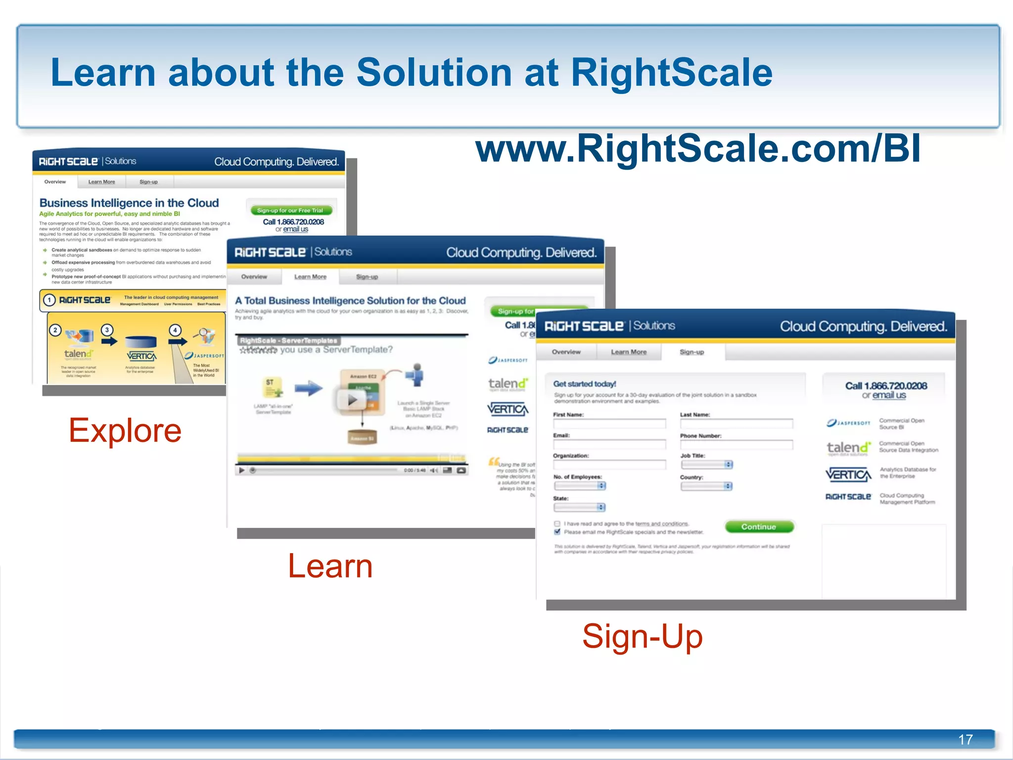 Learn about the Solution at RightScale  www.RightScale.com/BI ©2009  RightScale Inc., Talend, SA, Vertica Systems, Inc. Jaspersoft Corporation. Proprietary and Confidential Explore Learn Sign-Up 