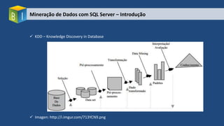 Mineração de Dados com SQL Server – Introdução
 KDD – Knowledge Discovery in Database
 Imagen: http://i.imgur.com/713YCN9.png
 