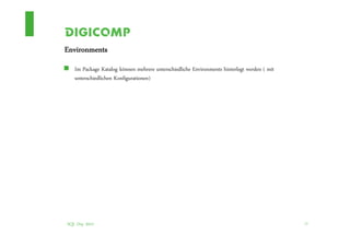 Environments
   Im Package Katalog können mehrere unterschiedliche Environments hinterlegt werden ( mit
   unterschiedlichen Konfigurationen)




SQL Day 2012                                                                                 15
 
