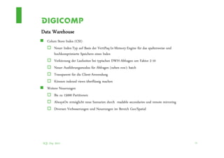 Data Warehouse
  Colum Store Index (CSI)
      Neuer Index-Typ auf Basis der VertiPaq-In-Memory-Engine für das spaltenweise und
      hochkomprimierte Speichern eines Index
      Verkürzung der Laufzeiten bei typischen DWH-Abfragen um Faktor 2-10
      Neuer Ausführungsmodus für Abfragen (neben row): batch
      Transparent für die Client-Anwendung
      Können indexed views überflüssig machen
  Weitere Neuerungen
      Bis zu 15000 Partitionen
      AlwaysOn ermöglicht neue Szenarien durch readable secondaries und remote mirroring
      Diversen Verbesserungen und Neuerungen im Bereich Geo/Spatial




SQL Day 2012                                                                               19
 