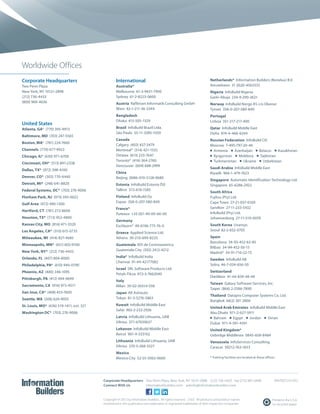 Worldwide Offices
Corporate Headquarters
Two Penn Plaza
New York, NY 10121-2898
(212) 736-4433
(800) 969-4636
United States
Atlanta, GA* (770) 395-9913
Baltimore, MD (703) 247-5565
Boston, MA* (781) 224-7660
Channels (770) 677-9923
Chicago, IL* (630) 971-6700
Cincinnati, OH* (513) 891-2338
Dallas, TX* (972) 398-4100
Denver, CO* (303) 770-4440
Detroit, MI* (248) 641-8820
Federal Systems, DC* (703) 276-9006
Florham Park, NJ (973) 593-0022
Gulf Area (972) 490-1300
Hartford, CT (781) 272-8600
Houston, TX* (713) 952-4800
Kansas City, MO (816) 471-3320
Los Angeles, CA* (310) 615-0735
Milwaukee, WI (414) 827-4685
Minneapolis, MN* (651) 602-9100
New York, NY* (212) 736-4433
Orlando, FL (407) 804-8000
Philadelphia, PA* (610) 940-0790
Phoenix, AZ (480) 346-1095
Pittsburgh, PA (412) 494-9699
Sacramento, CA (916) 973-9511
San Jose, CA* (408) 453-7600
Seattle, WA (206) 624-9055
St. Louis, MO* (636) 519-1411, ext. 321
Washington DC* (703) 276-9006
International
Australia*
Melbourne 61-3-9631-7900
Sydney 61-2-8223-0600
Austria Raffeisen Informatik Consulting GmbH
Wien 43-1-211-36-3344
Bangladesh
Dhaka 415-505-1329
Brazil InfoBuild Brazil Ltda.
São Paulo 55-11-3285-1050
Canada
Calgary (403) 437-3479
Montreal* (514) 421-1555
Ottawa (613) 233-7647
Toronto* (416) 364-2760
Vancouver (604) 688-2499
China
Beijing 0086-010-5128-9680
Estonia InfoBuild Estonia ÖÜ
Tallinn 372-618-1585
Finland InfoBuild Oy
Espoo 358-0-207-580-840
France*
Puteaux +33 (0)1-49-00-66-00
Germany
Eschborn* 49-6196-775-76-0
Greece Applied Science Ltd.
Athens 30-210-699-8225
Guatemala IDS de Centroamerica
Guatemala City (502) 2412-4212
India* InfoBuild India
Chennai 91-44-42177082
Israel SRL Software Products Ltd.
Petah-Tikva 972-3-7662040
Italy
Milan 39-02-30314-558
Japan KK Ashisuto
Tokyo 81-3-5276-5863
Kuwait InfoBuild Middle East
Safat 965-2-232-2926
Latvia InfoBuild Lithuania, UAB
Vilnius 371-67039637
Lebanon InfoBuild Middle East
Beirut 961-4-533162
Lithuania InfoBuild Lithuania, UAB
Vilnius 370-5-268-3327
Mexico
Mexico City 52-55-5062-0660
Netherlands* Information Builders (Benelux) B.V.
Amstelveen 31 (0)20-4563333
Nigeria InfoBuild Nigeria
Garki-Abuja 234-9-290-2621
Norway InfoBuild Norge AS c/o Okonor
Tynset 358-0-207-580-840
Portugal
Lisboa 351-217-217-400
Qatar InfoBuild Middle East
Doha 974-4-466-6244
Russian Federation InfoBuild CIS
Moscow 7-495-797-20-46
n Armenia n Azerbaijan n Belarus n Kazakhstan
n Kyrgyzstan n Moldova n Tajikistan
n Turkmenistan n Ukraine n Uzbekistan
Saudi Arabia InfoBuild Middle East
Riyadh 966-1-479-7623
Singapore Automatic Identification Technology Ltd.
Singapore 65-6286-2922
South Africa
Fujitsu (Pty) Ltd.
Cape Town 27-21-937-6100
Sandton 27-11-233-5432
InfoBuild (Pty) Ltd.
Johannesburg 27-11-510-0070
South Korea Uvansys
Seoul 82-2-832-0705
Spain
Barcelona 34-93-452-63-85
Bilbao 34-94-452-50-15
Madrid* 34-91-710-22-75
Sweden InfoBuild AB
Solna 46-7-024-656-50
Switzerland
Dietlikon 41-44-839-49-49
Taiwan Galaxy Software Services, Inc.
Taipei (866) 2-2586-7890
Thailand Datapro Computer Systems Co. Ltd.
Bangkok 66(2) 301 2800
United Arab Emirates InfoBuild Middle East
Abu Dhabi 971-2-627-5911
n Bahrain n Egypt n Jordan n Oman
Dubai 971-4-391-4391
United Kingdom*
Uxbridge Middlesex 0845-658-8484
Venezuela InfoServices Consulting
Caracas 58212-763-1653
* Training facilities are located at these offices.
Corporate Headquarters	 Two Penn Plaza, New York, NY 10121-2898 (212) 736-4433 Fax (212) 967-6406	 DN7507213.1012
Connect With Us	 informationbuilders.com askinfo@informationbuilders.com
Copyright © 2012 by Information Builders. All rights reserved. [102] All products and product names
mentioned in this publication are trademarks or registered trademarks of their respective companies.
Printed in the U.S.A.
on recycled paper
 
