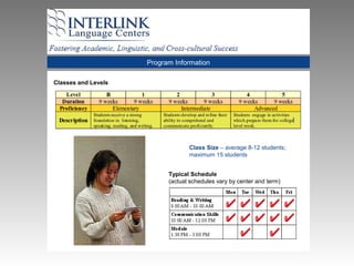 Program Information
Typical Schedule
(actual schedules vary by center and term)
Classes and Levels
Class Size – average 8-12 students;
maximum 15 students
 