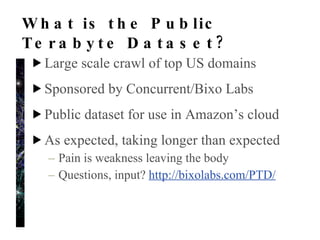 Using Many Different Technologies AWS  Elastic MapReduce  - server farm Hadoop, Cascading - processing workflow Bixo, Tika - web crawling, extracting links AWS  SimpleDB  - maintaining crawl state AWS S3 - saving results Apache  Avro  - storing results 
