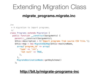 Extending Migration Class
migrate_programs.migrate.inc
http://bit.ly/migrate-programs-inc
 