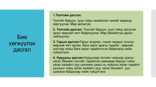 Бие
хөгжүүлэх
дасгал
 1.Толгойн дасгал:
 Толгойг баруун, зүүн тийш хазайлган чихийг мөрөнд
ойртуулна. Мөр өргөхгүй.
 2. Толгойн дасгал: Толгойг баруун, зүүн тийш эргүүлж
эрүүг мөрний чигт байрлуулна. Мөр бөхийхгүй далыг
нийлүүлнэ.
 3. Гарын дасгал:Гарыг алдлан, тохой сарвууг эгцлэн
мөрний чигт өргөн, бага зэрэг арагш гэдийж , мөрний
хэсгээр хойш бага зэрэг гэдийлгэсэн байрлалд хийж
гүйцэтгэнэ .
 4. Нурууны дасгал:Нуруугаар хотойн чээжээр урагш
хагас бөхийж толгойг гэдийлгэн аажмаар баруун тийш
хагас хазайлт руу шилжиж цааш нь хойшоо хагас гэдийлт
рүүзүүн тийш хагас хазайлт руу, хагас бөхийлт рүү
шилжих байдлаар хийж гүйцэтгэнэ
 