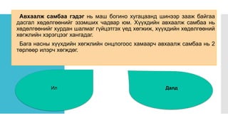 Авхаалж самбаа гэдэг нь маш богино хугацаанд шинээр зааж байгаа
дасгал хөдөлгөөнийг эзэмших чадвар юм. Хүүхдийн авхаалж самбаа нь
хөдөлгөөнийг хурдан шалмаг гүйцэтгэх үед хөгжиж, хүүхдийн хөдөлгөөний
хөгжлийн хэрэгцээг хангадаг.
Бага насны хүүхдийн хөгжлийн онцлогоос хамаарч авхаалж самбаа нь 2
төрлөөр илэрч хөгждөг.
Ил Далд
 