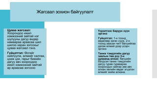 Жагсаал зохион байгуулалт
 Цуваа жагсаал:
Хоорондоо ижил
хэмжээний зайтай нэг
шулууны дагуу өндөр
намаараа араасаа шил
шилээ харан зогсохыг
цуваа жагсаал гэнэ.
 Гүйцэтгэл: Өсгийг
нийлүүлж, өлмийг салгаж,
цээж цэх, гарыг биеийн
дагуу авч хоорондоо
ижил хэмжээний зайтай
ар араасаа зогсоно
 Үсрэлтээс баруун зүүн
эргэнэ
 Гүйцэтгэл: 1-н тоонд
өвдөгөөр хагас сууж, 2-н
тоонд заасан чигт багшийгаа
дагаж өлмий дээр үсэрч
эргэнэ
 Таних тэмдэгийн дагуу
заалын төв рүү 3-н
цуваанд алхах: багшийн
бэлдсэн таних тэмдэгийн
дагуу гурав гурваараа
хоорондын зайгаа зөв авч
алхан хөлийн өвдөг эгцэлэн
өлмийг жийж алхана.
 