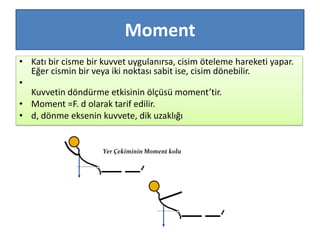 Moment
• Katı bir cisme bir kuvvet uygulanırsa, cisim öteleme hareketi yapar.
Eğer cismin bir veya iki noktası sabit ise, cisim dönebilir.
•
Kuvvetin döndürme etkisinin ölçüsü moment’tir.
• Moment =F. d olarak tarif edilir.
• d, dönme eksenin kuvvete, dik uzaklığı
 