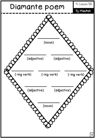 22
Diamante poem
4: Lesson 58
By: MissAsh
(noun)
(adjective) (adjective)
(-ing verb) (-ing verb)
(adjective) (adjective)
(noun)
(-ing verb)
 