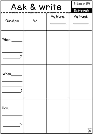 Questions Me
My friend,
__________
My friend,
__________
Where_______
_____________
_____________
___________?
When_______
_____________
_____________
____________?
How_________
_____________
_____________
___________?
50
Ask & write
8: Lesson 124
By: MissAsh
 