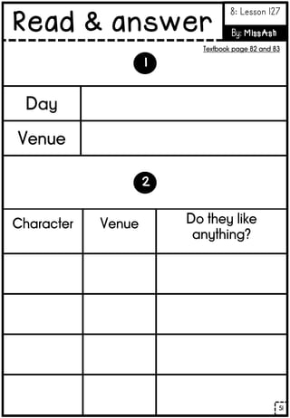 Day
Venue
Character Venue Do they like
anything?
2
1
51
Read & answer
8: Lesson 127
By: MissAsh
Textbook page 82 and 83
 