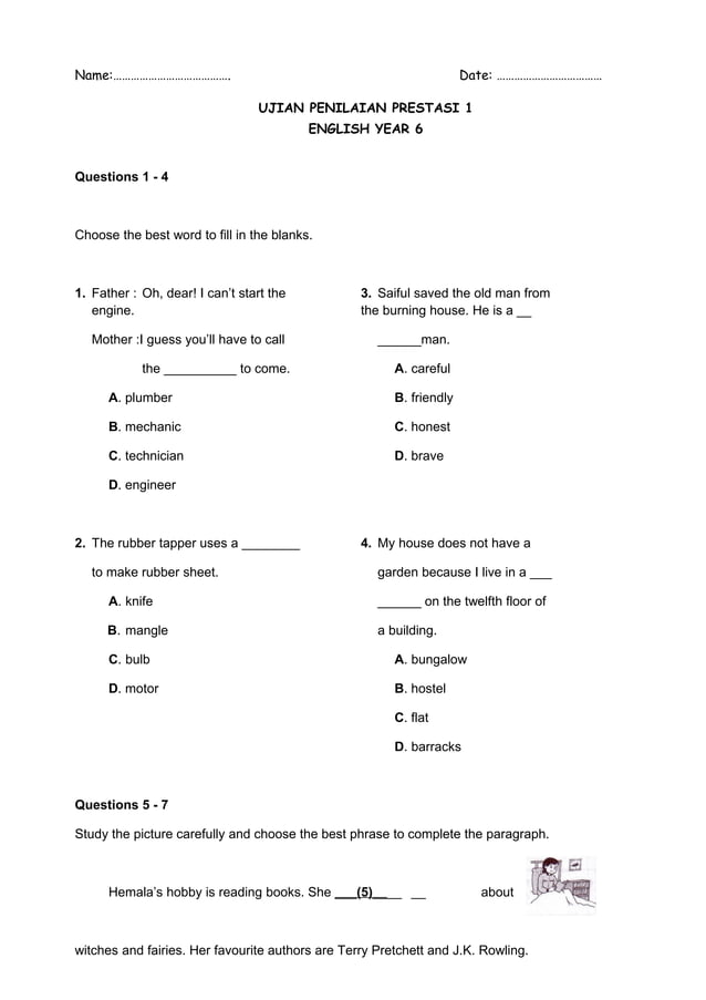 Soalan Bahasa Inggeris Tahun 6