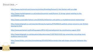Sources.-
http://www.martinroll.com/resources/articles/branding/forever21-fast-fashion-with-an-edge
http://www.marketingweek.co.uk/analysis/essential-reads/forever-21-brings-speed-retailing-to-the-
uk/3030494.article
http://www.sustainable-fashion.com/2014/01/14/fashion-and-politics-a-multidimensional-relationship/
http://www.telegraph.co.uk/news/worldnews/europe/eu/9791484/US-publicly-voices-concerns-over-Britain-
leaving-EU.html
http://www.parliament.uk/briefing-papers/RP14-42/unemployment-by-constituency-august-2014
http://www.telegraph.co.uk/education/educationnews/11057363/UCAS-top-universities-recruiting-more-
students-from-EU.html
http://www.forbes.com/sites/onmarketing/2014/02/04/six-trends-that-will-shape-consumer-behavior-this-
year/
 