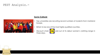 PEST Analysis.-
Socio-Cultural:
• Top universities are recruiting record numbers of students from mainland
Europe.
• Britain to be one of the most highly qualified countries.
• Discount chain sold out of its debut women’s clothing range in
three days.
 