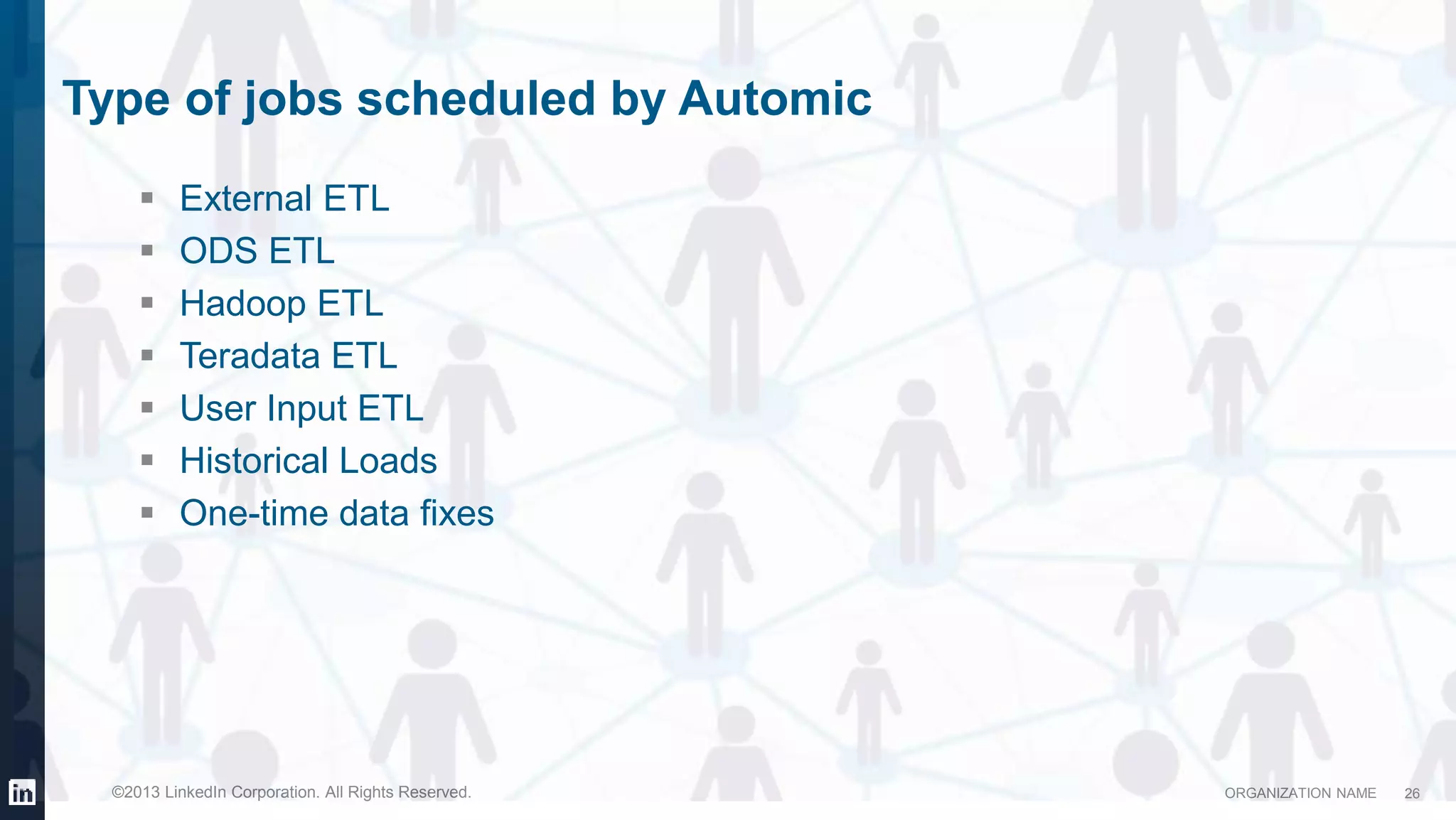 ORGANIZATION NAME©2013 LinkedIn Corporation. All Rights Reserved.
Type of jobs scheduled by Automic
 External ETL
 ODS ETL
 Hadoop ETL
 Teradata ETL
 User Input ETL
 Historical Loads
 One-time data fixes
26
 