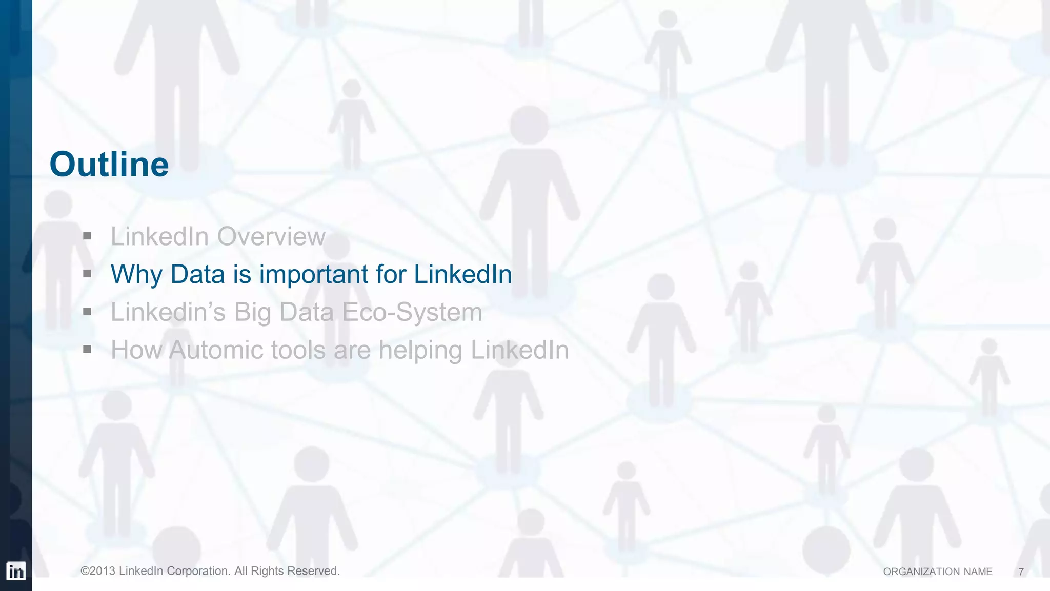 ORGANIZATION NAME©2013 LinkedIn Corporation. All Rights Reserved.
Outline
 LinkedIn Overview
 Why Data is important for LinkedIn
 Linkedin’s Big Data Eco-System
 How Automic tools are helping LinkedIn
7
 