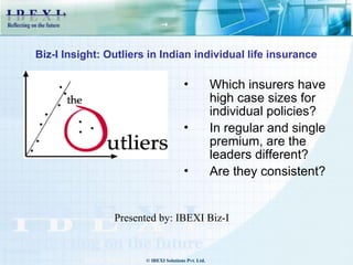 Biz-I Insight: Outliers in Indian individual life insurance

                                        •            Which insurers have
                                                     high case sizes for
                                                     individual policies?
                                        •            In regular and single
                                                     premium, are the
                                                     leaders different?
                                        •            Are they consistent?


                Presented by: IBEXI Biz-I


                       © IBEXI Solutions Pvt. Ltd.
 
