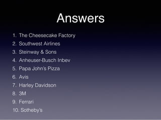 Answers
1. The Cheesecake Factory
2. Southwest Airlines
3. Steinway & Sons
4. Anheuser-Busch Inbev
5. Papa John’s Pizza
6. Avis
7. Harley Davidson
8. 3M
9. Ferrari
10. Sotheby’s
 