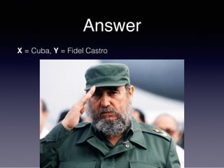 Answer
X = Cuba, Y = Fidel Castro
 