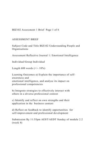 BIZ102 Assessment 1 Brief Page 1 of 6
ASSESSMENT BRIEF
Subject Code and Title BIZ102 Understanding People and
Organisations
Assessment Reflective Journal 1: Emotional Intelligence
Individual/Group Individual
Length 600 words (+/- 10%)
Learning Outcomes a) Explain the importance of self-
awareness and
emotional intelligence, and analyse its impact on
professional competencies
b) Integrate strategies to effectively interact with
others in a diverse professional context
c) Identify and reflect on own strengths and their
application in the business context
d) Reflect on feedback to identify opportunities for
self-improvement and professional development
Submission By 11:55pm AEST/AEDT Sunday of module 2.2
(week 4)
 