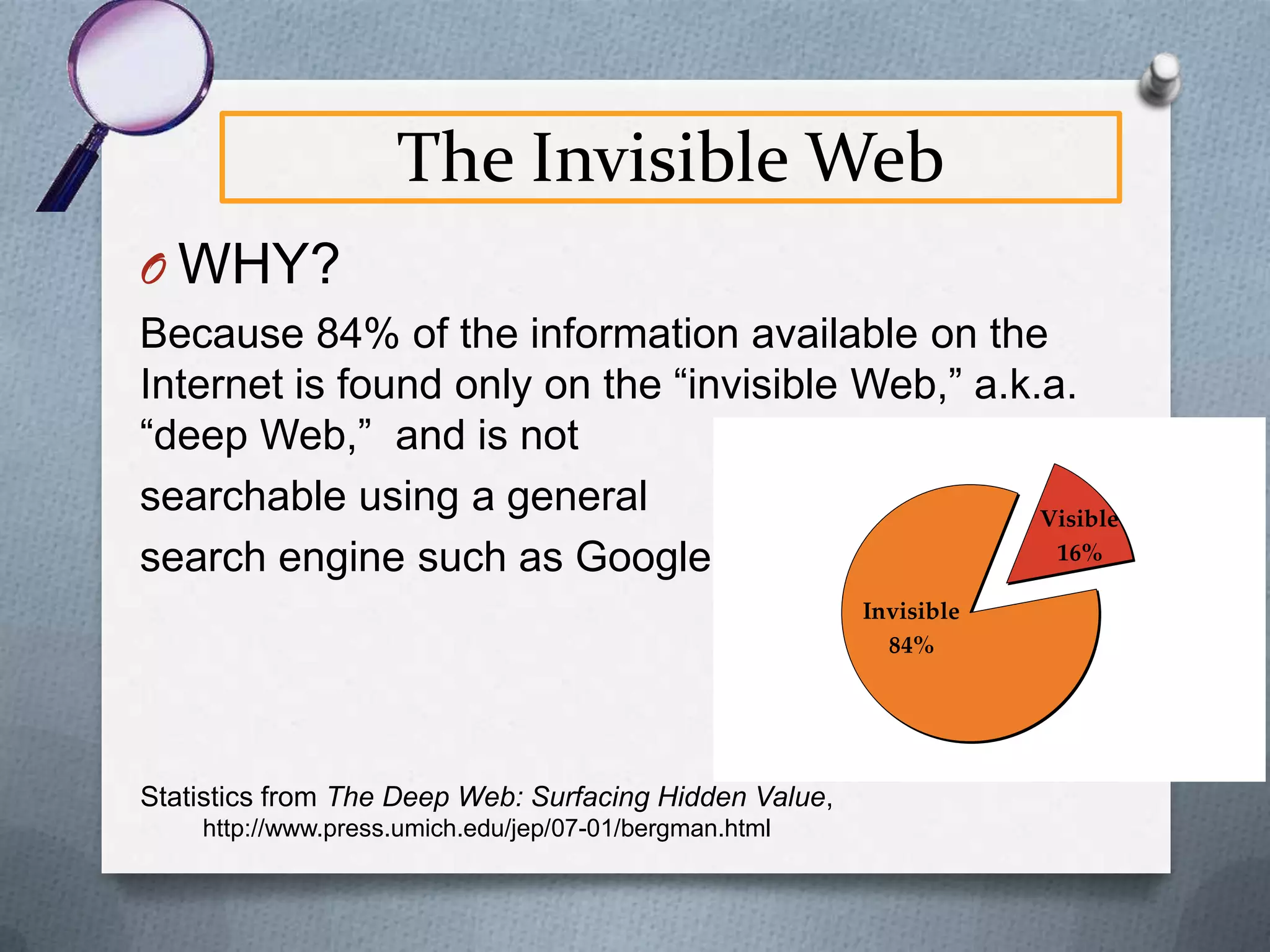 Internet
O
O
O
O
O
O
O

Unstructured
Constantly changing
Not fully indexed
Appeals to no special audience
No selection of content
Content most often not free
Updated every second of every day

 