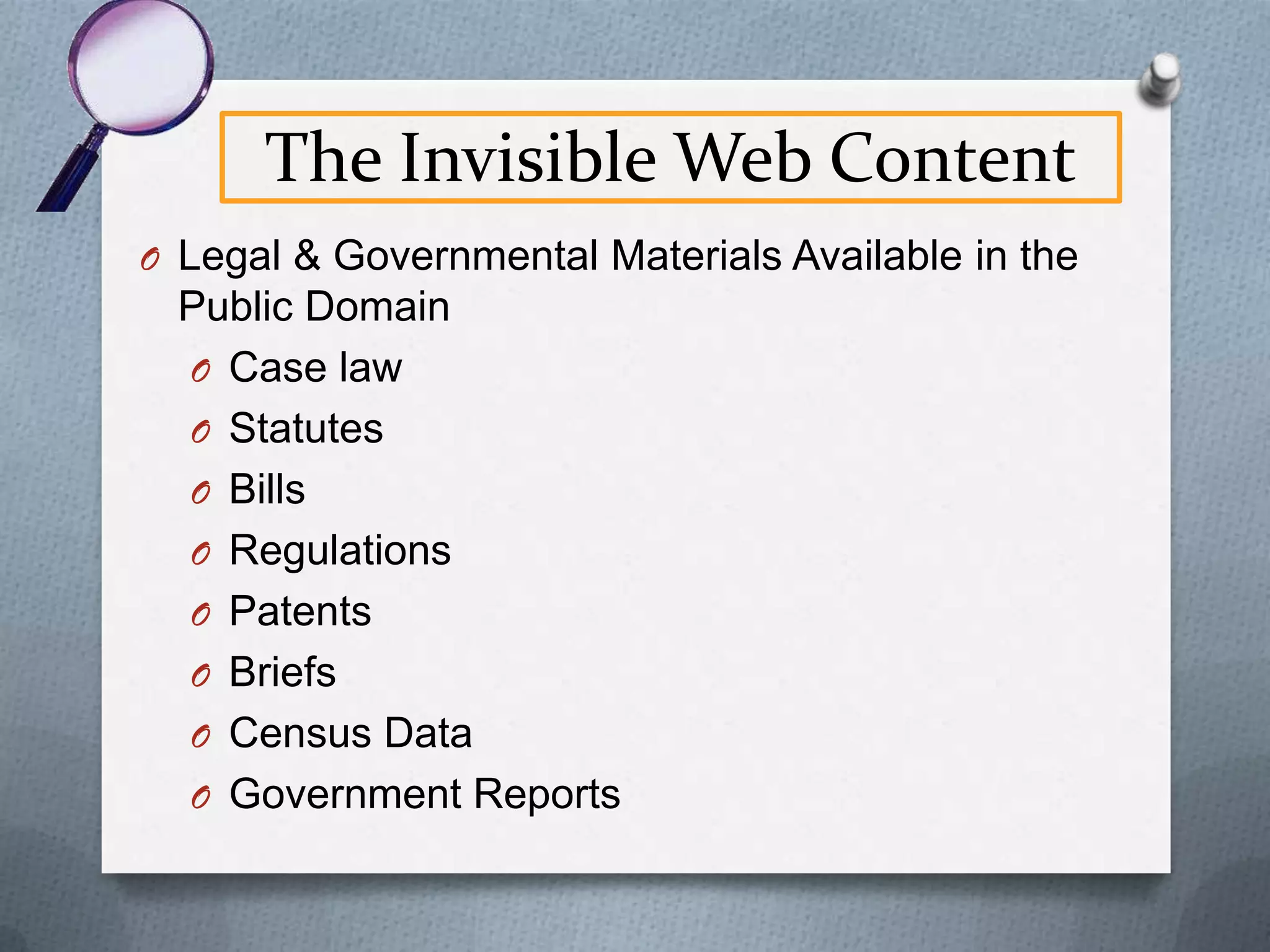 Indexing & the Visible Web
Search engine spider crawls Web starting
with already indexed static pages

Spider encounters link to
a new static Web page

Webmaster registers
new static Web page
with search engine

Spider follows link

Spider adds new Web page to search engine’s index
Content rendered “visible”

 