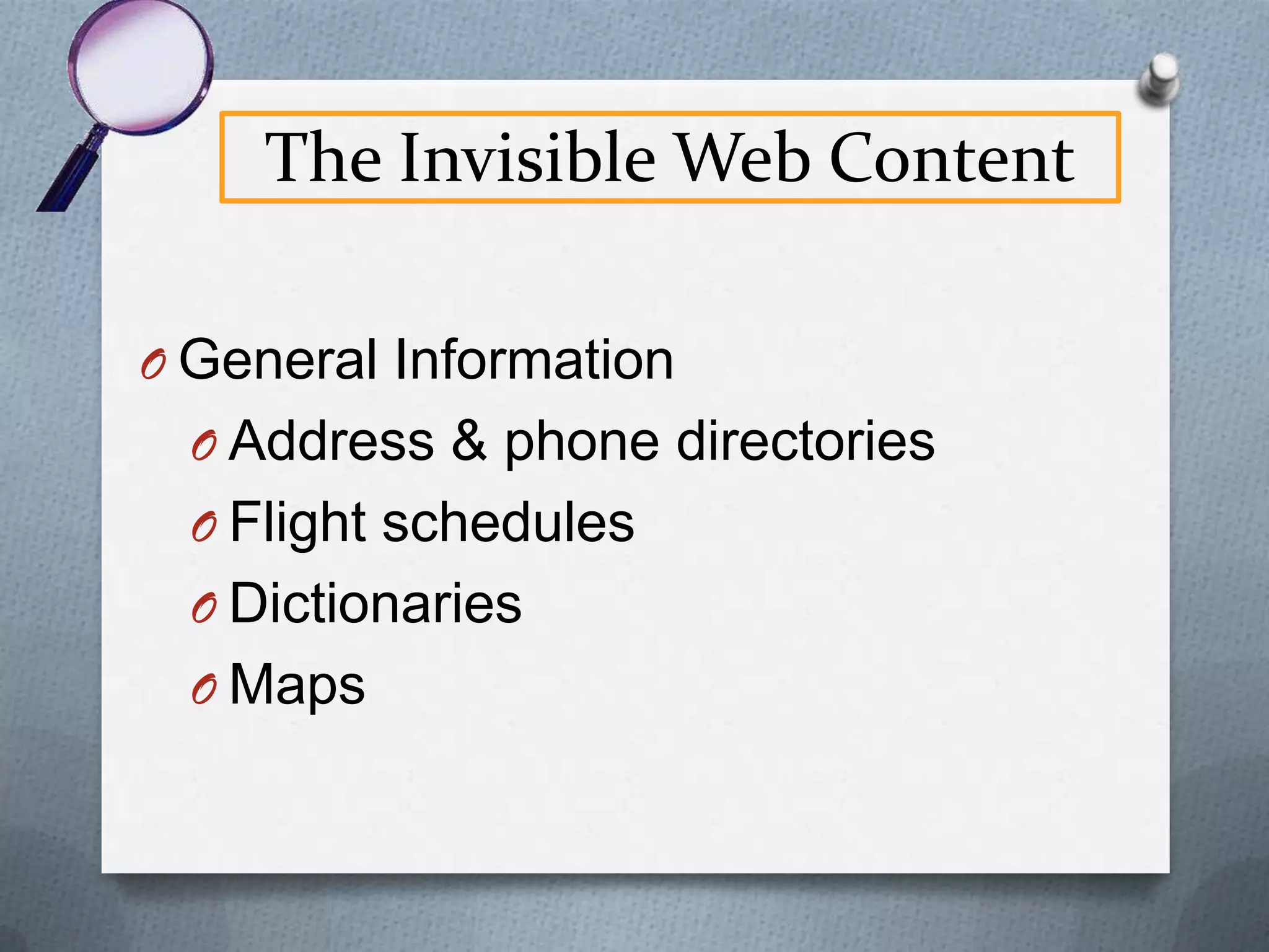 The Invisible Web
O Dynamic Web Page
Your search results

 Database
Author

Title

Publication

B. Shucha

Searching Wisconsin
Smarter
Lawyer

J. Doe

Common
Law

J.Q. Public

Legal
Tech Tips

1. B. Shucha, “Searching Smarter,”
Wisconsin Lawyer.
2. J.Q. Public, “Legal Tech Tips,”
ABA Journal.

Marquette
Law Review

ABA
Journal

 
