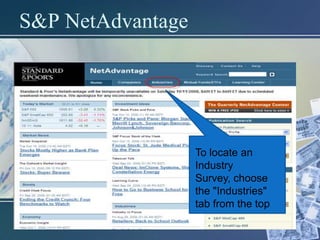 S&P NetAdvantage




                   To locate an
                   Industry
                   Survey, choose
                   the "Industries"
                   tab from the top
 