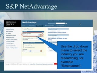 S&P NetAdvantage




                   Use the drop down
                   menu to select the
                   industry you are
                   researching, for
                   example
                   "Restaurants":
 