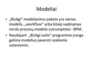 Modeliai „ BizAgi“ modeliavimo pakete yra vienas modelis, „workflow“ arba kitaip vadinamas verslo procesų modelis sutrumpintai - BPM. Naudojant  „BizAgi suite“ programine įranga galima modelius paversti realiomis sistemomis. 