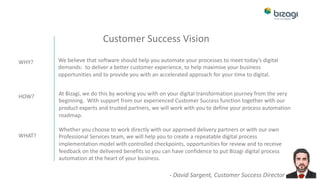 Customer Success Vision
We believe that software should help you automate your processes to meet today’s digital
demands: to deliver a better customer experience, to help maximise your business
opportunities and to provide you with an accelerated approach for your time to digital.
WHY?
HOW?
WHAT?
At Bizagi, we do this by working you with on your digital transformation journey from the very
beginning. With support from our experienced Customer Success function together with our
product experts and trusted partners, we will work with you to define your process automation
roadmap.
Whether you choose to work directly with our approved delivery partners or with our own
Professional Services team, we will help you to create a repeatable digital process
implementation model with controlled checkpoints, opportunities for review and to receive
feedback on the delivered benefits so you can have confidence to put Bizagi digital process
automation at the heart of your business.
- David Sargent, Customer Success Director
 