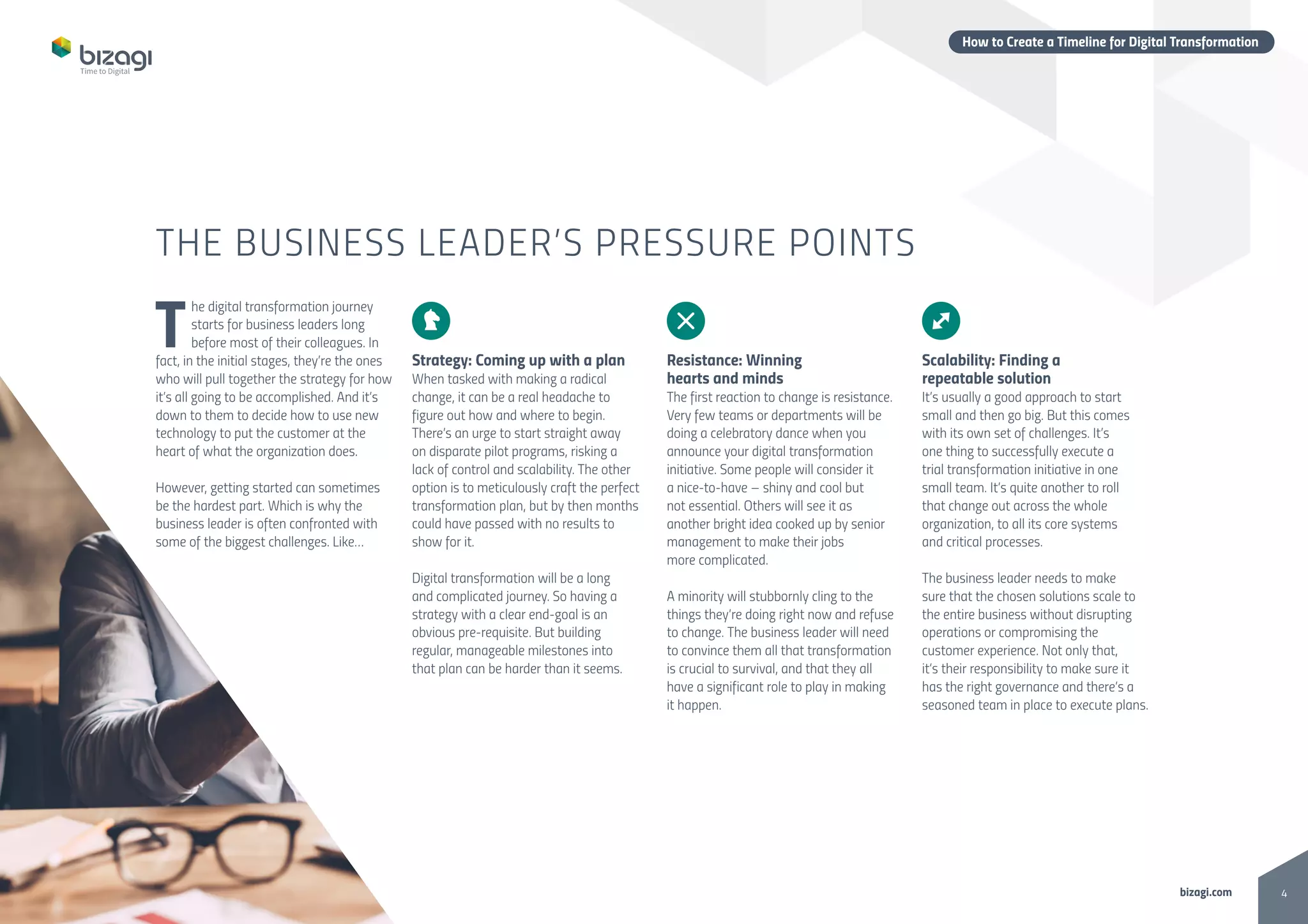 4bizagi.com
How to Create a Timeline for Digital Transformation
T
he digital transformation journey
starts for business leaders long
before most of their colleagues. In
fact, in the initial stages, they’re the ones
who will pull together the strategy for how
it’s all going to be accomplished. And it’s
down to them to decide how to use new
technology to put the customer at the
heart of what the organization does.
However, getting started can sometimes
be the hardest part. Which is why the
business leader is often confronted with
some of the biggest challenges. Like…
Strategy: Coming up with a plan
When tasked with making a radical
change, it can be a real headache to
figure out how and where to begin.
There’s an urge to start straight away
on disparate pilot programs, risking a
lack of control and scalability. The other
option is to meticulously craft the perfect
transformation plan, but by then months
could have passed with no results to	
show for it.
Digital transformation will be a long
and complicated journey. So having a
strategy with a clear end-goal is an
obvious pre-requisite. But building
regular, manageable milestones into
that plan can be harder than it seems.
Resistance: Winning
hearts and minds
The first reaction to change is resistance.
Very few teams or departments will be
doing a celebratory dance when you
announce your digital transformation
initiative. Some people will consider it
a nice-to-have – shiny and cool but
not essential. Others will see it as
another bright idea cooked up by senior
management to make their jobs
more complicated.
A minority will stubbornly cling to the
things they’re doing right now and refuse
to change. The business leader will need
to convince them all that transformation
is crucial to survival, and that they all
have a significant role to play in making
it happen.
Scalability: Finding a
repeatable solution
It’s usually a good approach to start
small and then go big. But this comes
with its own set of challenges. It’s
one thing to successfully execute a
trial transformation initiative in one
small team. It’s quite another to roll
that change out across the whole
organization, to all its core systems
and critical processes.
The business leader needs to make
sure that the chosen solutions scale to
the entire business without disrupting
operations or compromising the
customer experience. Not only that,
it’s their responsibility to make sure it
has the right governance and there’s a
seasoned team in place to execute plans.
THE BUSINESS LEADER’S PRESSURE POINTS
 