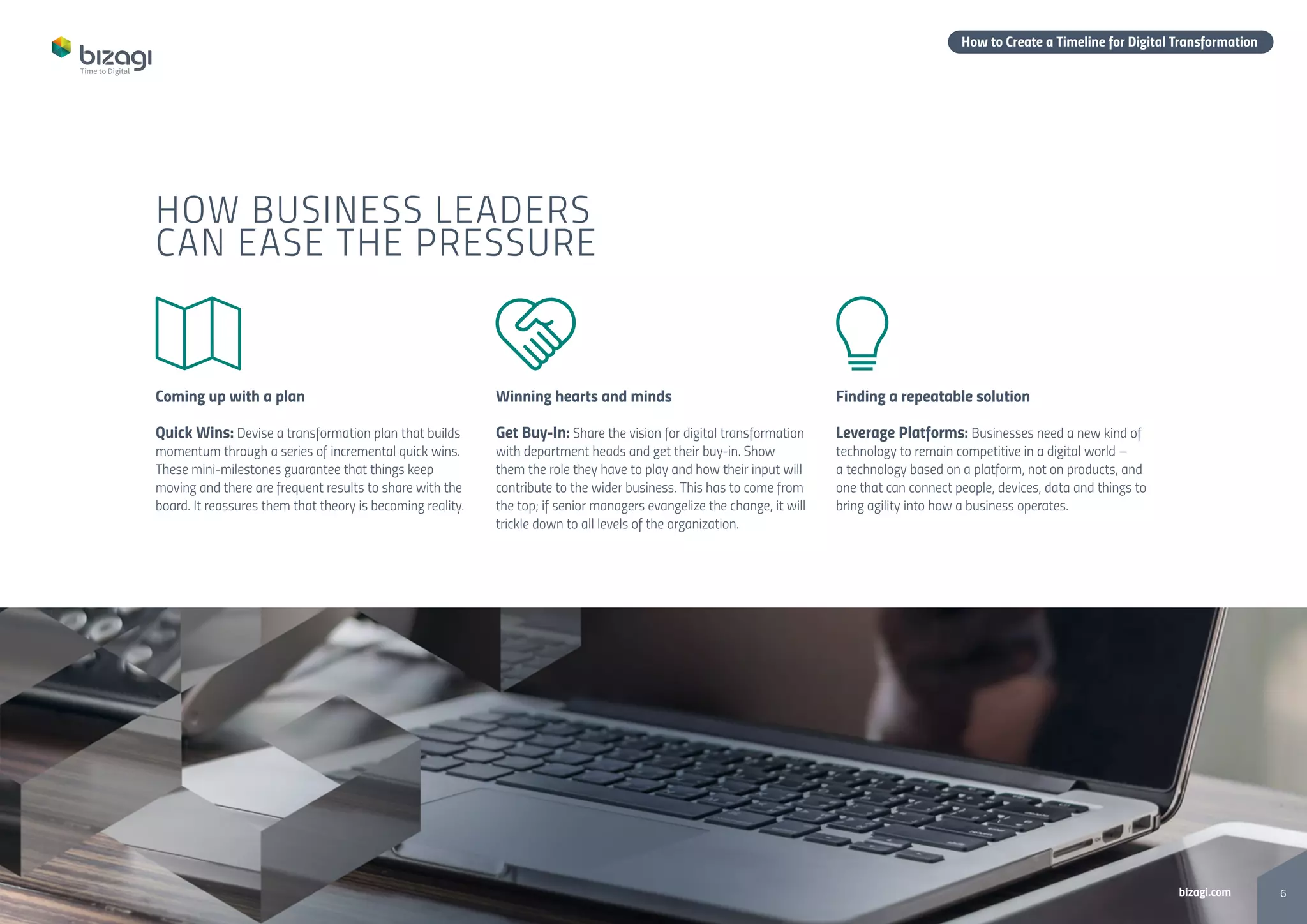 6bizagi.com
How to Create a Timeline for Digital Transformation
Coming up with a plan
Quick Wins: Devise a transformation plan that builds
momentum through a series of incremental quick wins.
These mini-milestones guarantee that things keep
moving and there are frequent results to share with the
board. It reassures them that theory is becoming reality.
Winning hearts and minds
Get Buy-In: Share the vision for digital transformation
with department heads and get their buy-in. Show
them the role they have to play and how their input will
contribute to the wider business. This has to come from
the top; if senior managers evangelize the change, it will
trickle down to all levels of the organization.
Finding a repeatable solution
Leverage Platforms: Businesses need a new kind of
technology to remain competitive in a digital world –
a technology based on a platform, not on products, and
one that can connect people, devices, data and things to
bring agility into how a business operates.
HOW BUSINESS LEADERS
CAN EASE THE PRESSURE
 