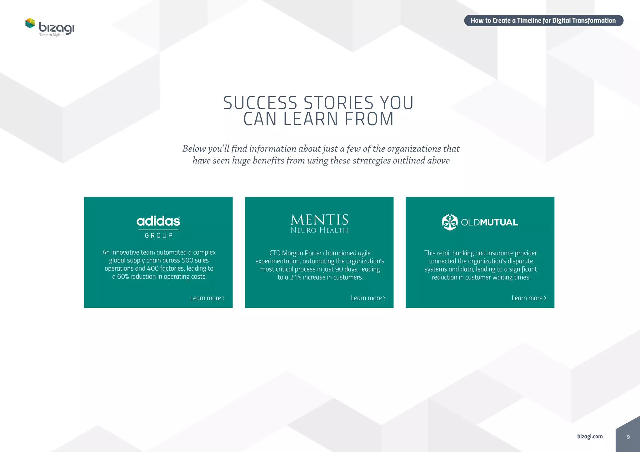 Below you’ll find information about just a few of the organizations that
have seen huge benefits from using these strategies outlined above
SUCCESS STORIES YOU
CAN LEARN FROM
9bizagi.com
How to Create a Timeline for Digital Transformation
Below you’ll find information about just a few of the organizations that
have seen huge benefits from using these strategies outlined above
SUCCESS STORIES YOU
CAN LEARN FROM
An innovative team automated a complex
global supply chain across 500 sales
operations and 400 factories, leading to
a 60% reduction in operating costs.
Learn more Learn more Learn more
CTO Morgan Porter championed agile
experimentation, automating the organization’s
most critical process in just 90 days, leading
to a 21% increase in customers.
This retail banking and insurance provider
connected the organization’s disparate
systems and data, leading to a significant
reduction in customer waiting times.
 