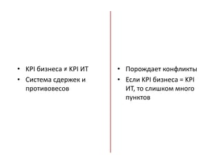 • Порождает конфликты
• Если KPI бизнеса = KPI
ИТ, то слишком много
пунктов
• KPI бизнеса ≠ KPI ИТ
• Система сдержек и
противовесов
 