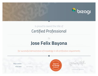 PROFESSIONA
L
PROFESSIONA
L
Authorised Signature
Is proud to award the title of
for successful demostration of knowledge in all certification requirements
to
Major version :
Issue date : (yyyy-mm-dd)
11.2
Jose Felix Bayona
2021/05/27
Certified Professional
 